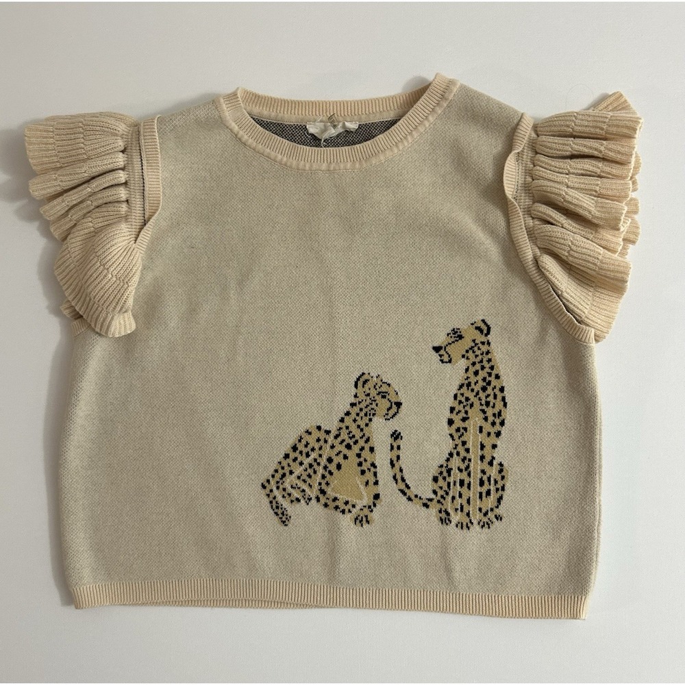 Entro Sweater Knit Top Cheetah Leopard Print Ruffle Sleeve Cream‎ S